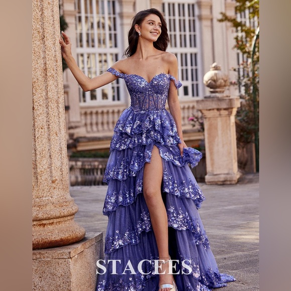 Lavender Off-the-Shoulder Prom Dress with Ruffles & Sequins from Stacees - Picture 3 of 8